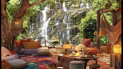 Sunny Morning Weekend:Peaceful Hillside Getaway by Waterfall w/ Smooth Piano Jazz Music
